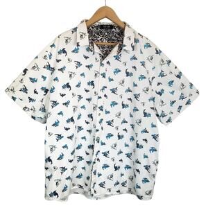 SSLR Men's Casual Shark Print Short Sleeve Button Up Shirt Blue White Size 3XL